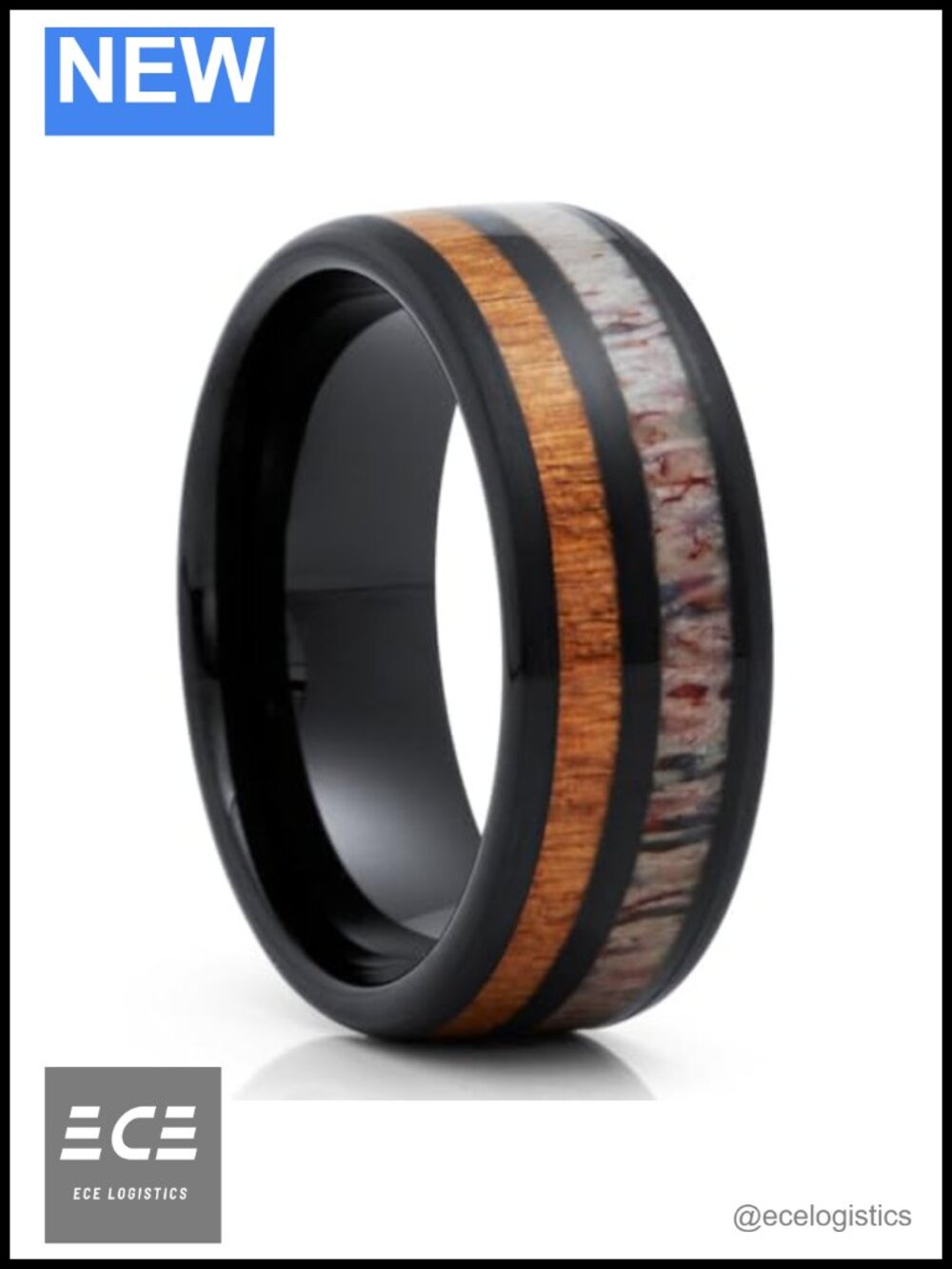 Tungsten Carbide Wedding Band with Deer Antler & Cherry Wood Inlay